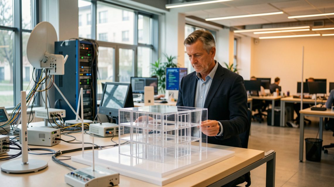 Portrait illustratif d’un entrepreneur français dans un campus moderne consacré aux télécommunications, aux start-up et à l’innovation technologique.