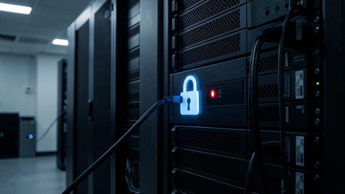 Baie de serveurs assombrie avec un voyant éteint, un cadenas lumineux et un câble réseau déconnecté, illustrant un service numérique inaccessible et la prudence en ligne.
