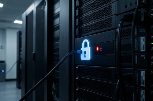 Baie de serveurs assombrie avec un voyant éteint, un cadenas lumineux et un câble réseau déconnecté, illustrant un service numérique inaccessible et la prudence en ligne.