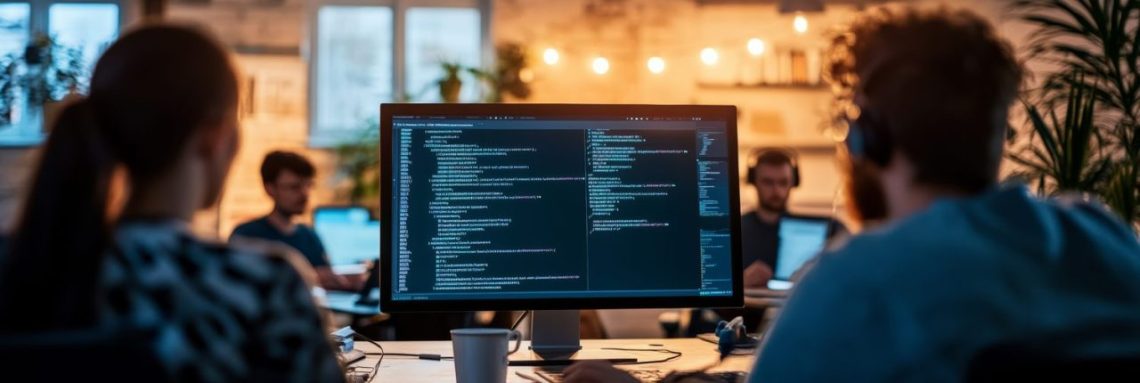 Équipe de développeurs web réunie autour d’un ordinateur pour travailler sur un projet Vue.