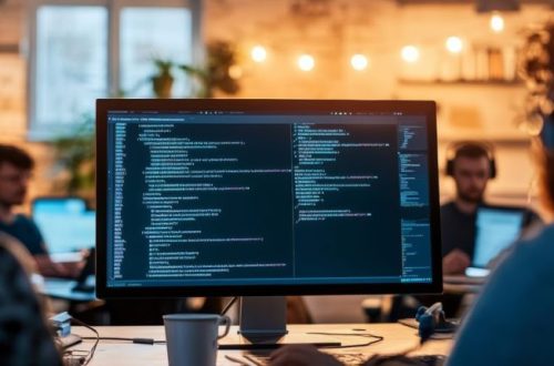 Équipe de développeurs web réunie autour d’un ordinateur pour travailler sur un projet Vue.