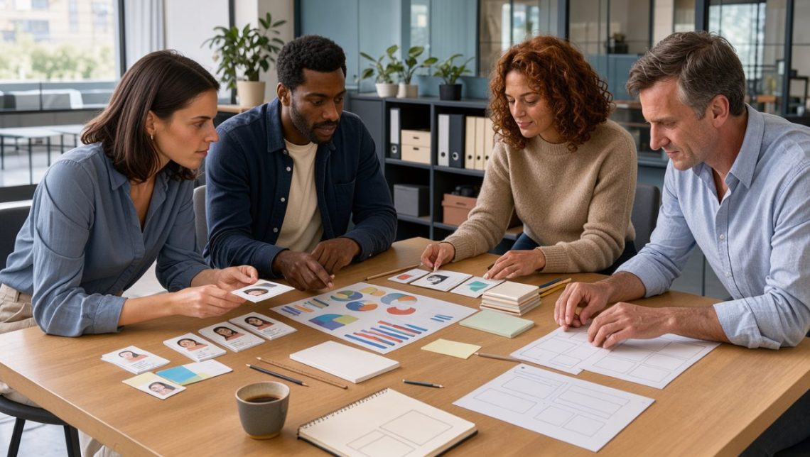 Équipe mixte réunie dans une agence web française, analysant des profils clients, des graphiques de données et des maquettes vierges de sites internet autour d’une table.